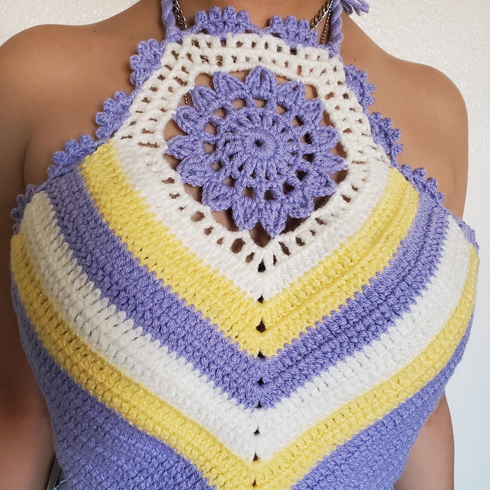 Crochet High-Neck Halter Cop Top.